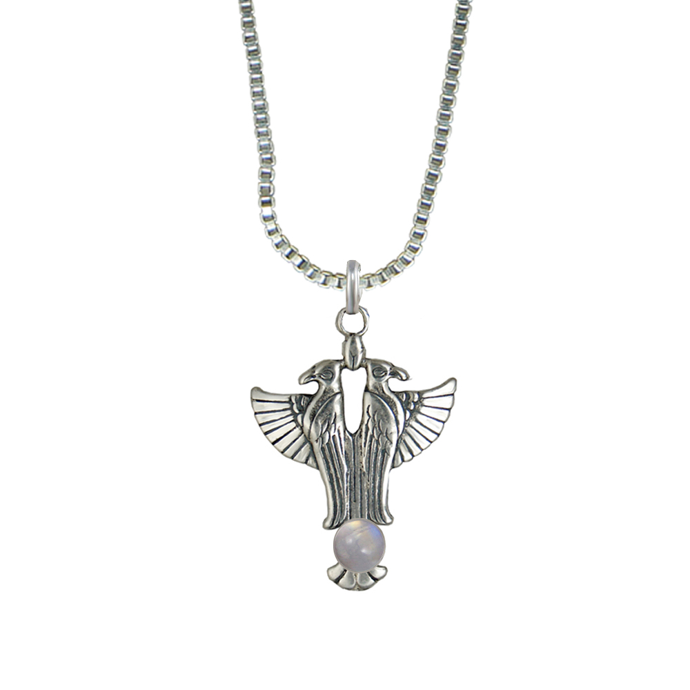 Sterling Silver Sacred Egyptian Falcon Pendant With Rainbow Moonstone